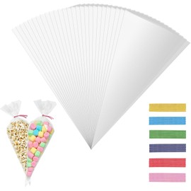 100pcs Sweet Cones Bags and Ties, Sweet Bags, Triangle Clear Cellophane Bags with 100pcs Colorful Ties for Cookie, Candy, Baking, Party Christmas and Festivals Wrapping