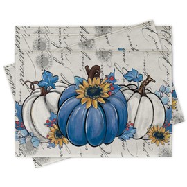 Croar Fall Blue White Pumpkin Placemats Set of 4, Autumn Thanksgiving Dining Place Mats Table Decor, Sunflower Maple Leaves Seasonal Home Kitchen Decoration 12 x 18 Inch