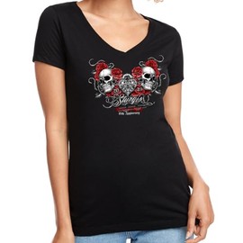 V-Neck Shirt Ladies Jr. Cut 2025 Sturgis Motorcycle Rally Heart Locket(M, Black)