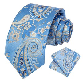 HISDERN Paisley Wedding Tie Handkerchief Woven Classic Men's Necktie & Pocket Square Set,Blue / Gold,One Size