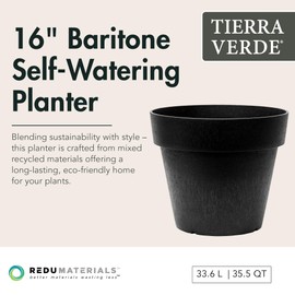 Tierra Verde Indoor & Outdoor Self-Watering Round Planter Pot, Baritone, 18" x 16", Black - Decorative Planting Containers for Plants and Flowers - Gardening and Flowering Accessories