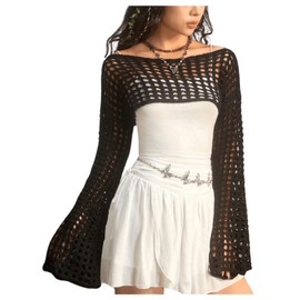 SHENHE Women's Hollow Out Knit Bolero Shrug Crochet Cropped Sweater Top Bell Long Sleeve Y2K Cover Up Top Black XL