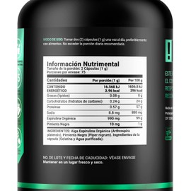 Espirulina Orgánica de 150 Cápsulas 500 mg. Ingredientes naturales: Alga Espirulina. Organic Spirulina B Life