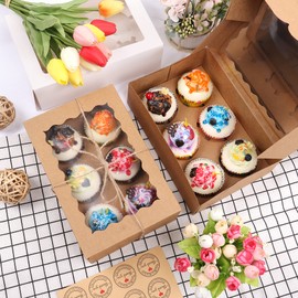 MAMUNU 10PCS 6 Cavity Cupcake Boxes with Window and Inserts, Auto-popup Kraft Bakery Cookie Boxes Cupcake Containers with Stickers and Twine String (Brown)