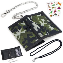 Children's Wallet Boys Slim Wallet with Chain Clip Zip Foldable Triple Wallet Coin for Men Teenagers Boys Camouflage Green, Green, Modern