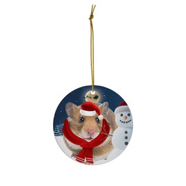 Festive Winter Night Pet and Snowman Ornament - Golden Brown Hamster Christmas Ornament Circle Ceramic - Funny Holiday Xmas Tree Decoration Gifts for Hamster Lovers