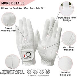 FINGER TEN Women’s Golf Glove Left Hand Right Microfiber Grip Rain Hot Wet All Weather Both Hand Pair, Ladies Golf Gloves Soft Flexible Durable Wear Resistance Good Grip (White, S)