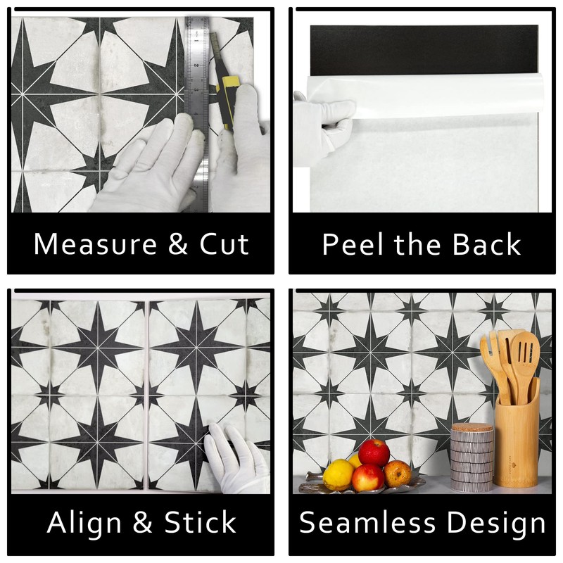The Tiles Plaza Encaustic Peel and Stick Backsplash, Black Star