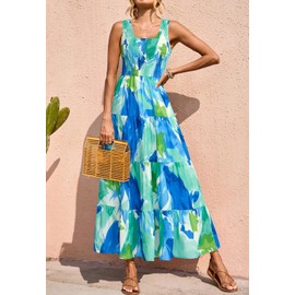 PRETTYGARDEN Sleeveless Smocked Dress Women Square Neck High Waist Floral Summer Wedding Guest Dresses for Women 2025 (Blue Green White Flower, Small)