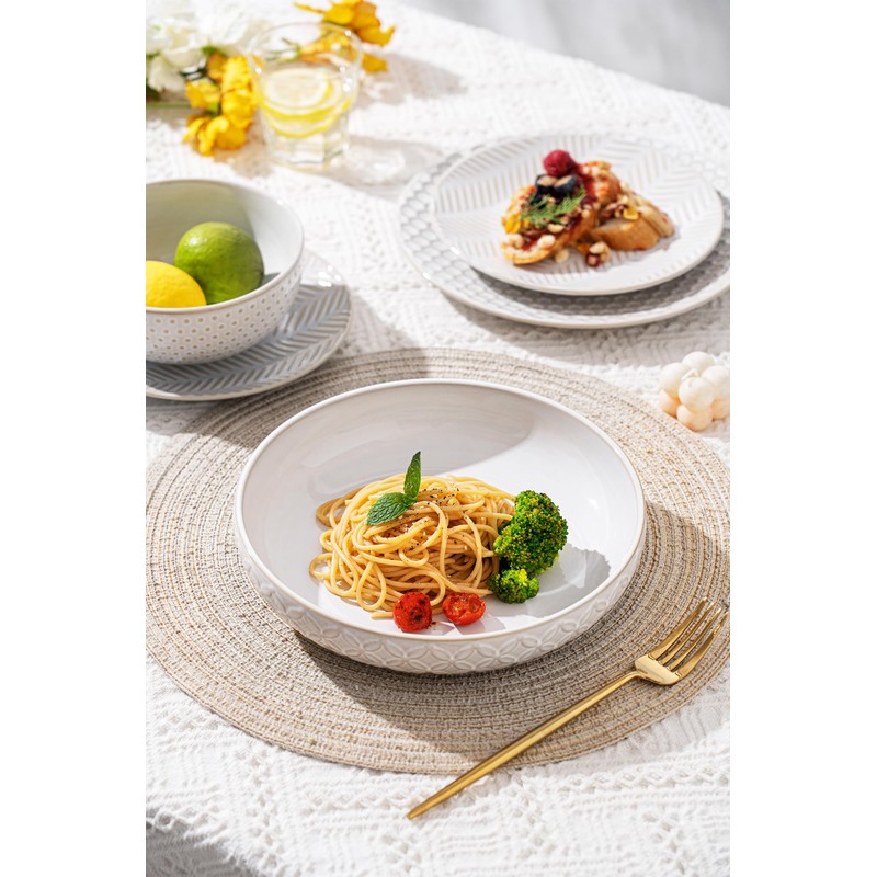 FOBENTA Embossed Ceramic Pasta Bowls, 42 oz Bowl Plates Set,9-Inch