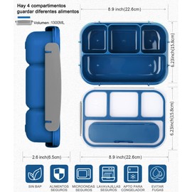 1300 ml Bento Box,Lonchera para Adultos/Niños,Caja de almuerzo con cuchara y cubiertos,4 Compartimentos,Apto para Microondas,Lavavajillas y Congelador,Sin BPA(Azul)