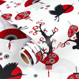 Yenhome 17.5"X118" Japanese Wallpaper Peel and Stick Red and Black Oriental Tree Flower Asian Crane Bird Fan Lantern Wallpaper for Bedroom Wall Mural Self Adhesive White Contact Paper for Cabinet Wall