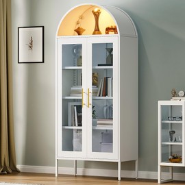 YITAHOME 71" Arched Glass Display Cabinet, Tall Metal Storage Cabinet with Adjustable Shelves and Glass Doors, White