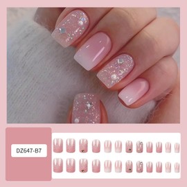 24Pcs Press on Nails Glitter Short Square Shaped Fake Nails Ombre Full Cover False Nails with Design Acrylic Nails Press Ons Glossy Pink Reusable Stick on Nails for Women