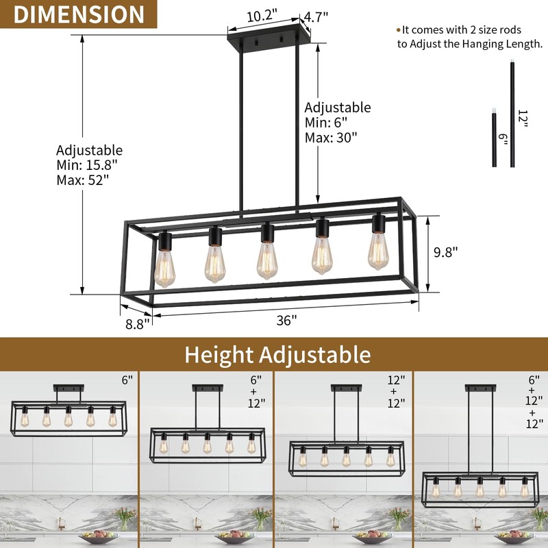 Yusist 5-Light Dining Room Light Fixture,Black Farmhouse Kitchen Island Lighting,Rustic
