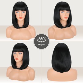 FESHFEN Black Short Bob Wigs with Fringe for Women Straight Medium Length Synthetic Wigs Hair for Carnival Cosplay Wigs with Bangs Daily Party Wig 35 cm