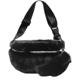Fuzzy Fanny Pack for Women Faux Fur Belt Bum Bag with Adjustable Strap Waist Pouch Casual Crossbody Purse for Travel, Black, One Size