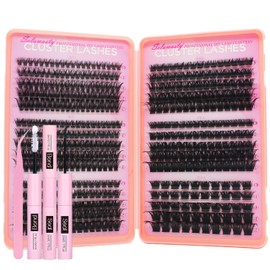 Selawasty Cluster Lashes Kit 60D-200D Lash Extension Kit Lashes Clusters Kit Volume D Curl Clusters DIY Cluster Eyelash Extensions With Bond and Seal Tweezers(60D-200D,Kit)