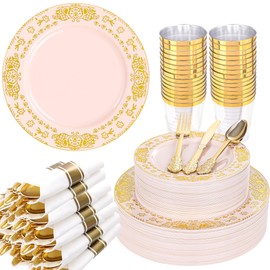 GATHER 350PCS Pink and Gold Plastic Plates - Gold Disposable Dinnerware Set Include 50 Dinner Plates, 50 Dessert Plates, 150 Plastic Silverware, 50 Napkins, 50 Cups for Party & Wedding