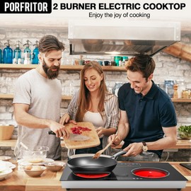 PORFRITOR Electric Cooktop,110V 2400W 2 Burner Electric Cooktop,Countertop and Built-in Stove top with 9 Power Levels,Child Safety Lock, Timer, LED touch control,Overheat Protection