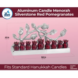 Ner Mitzvah Aluminum Candle Menorah - Silverstone Red Pomegranates - Modern Decorative Menorah for Chanukah - Fits All Standard Chanukah Candles - Pomegranate Tree