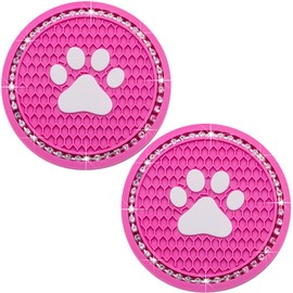 MEAJOO 2PCS Bling Car Cup Holder Coaster, Universal Dog/Cat Paw Auto Non-Slip Crystal Rhinestone Cup Holder Coaster, 2.75In Universal Non-Slip Recessed Car Interior Accessories (Rose Red & White)