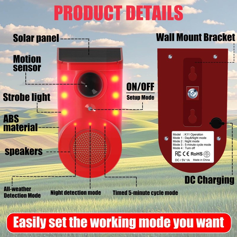 Solar Motion Sensor Alarm Device - Waterproof, Multi-Mode, Wide-Angle Sensing,