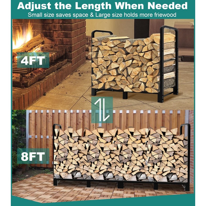 Fandature 8Ft Firewood Rack Adjustable Fireplace Wood Holder For Outdoor