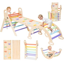 PAPAPROUD Pikler Triangle Set – 7 in 1 Toddler Climbing Toys Indoor for 1+ year old | Foldable Kids Playground Jungle Gym with Wooden Arch & Ramp & Ladder | Montessori Climbing Set for Kids-Multicolor