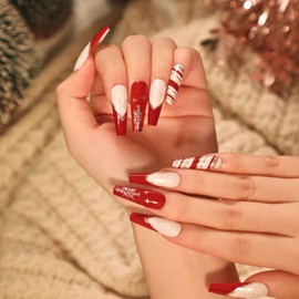 Artquee Coffin Press on Nails Long - Red French Tip Press on Nails with Stripe Snow Designs, Reusable Fake Nails for Women Stick on Nails in 12 Sizes - 24 Nail Kit