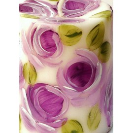 Pretty Decorative Hand Painted Short White Pillar Candle with Pastel Purple Lavender Roses Romantic Flower Decor