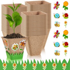 Gueevin 50 Pack Garden Paper Pot Craft Kit Flower Plant Spring Craft Including Peat Plant Pots Adhesive Foam Stickers Pot Stickers EVA Grass for Adults DIY Flower Planting Growing, Square