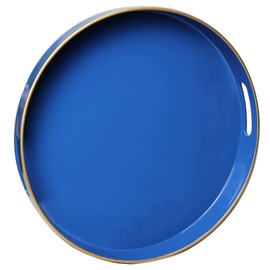 Spsyrine Round Blue Decorative Tray, 13" Plastic Serving Table Tray with Handles for Breakfast, Ottoman, Coffee Table, Bathroom, Kitchen, Living Room
