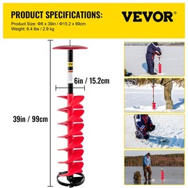 VEVOR Ice Drill Auger, 8'' Diameter Nylon Ice Auger, 41'' Length Ice Auger Bit, Auger Drill w/ 14'' Adjustable Extension Rod, Rubber Handle, Drill Adapter, Replaceable Auger Blade for Ice Fishing Red - Size: Length: 39 inch - Diameter: 6 inch