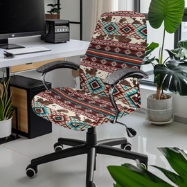 Wanyint Aztec Brown Cow Print Red Computer Office Chair Cover Spandex Office Chair Cover Rotating Chair Slipcover Dustproof High Back Computer Chair Cover for Pets Dogs Cats, L