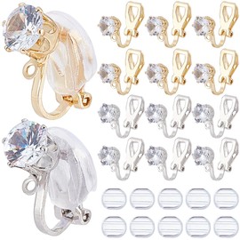 SOFPLATE 1 Box 32Pcs Gold Earring Converter Silver Earrings Clip Back Brass Non Pierced Triangle Earring Component with Crystal Rhinestone and Pads Clip on Earring Findings for jewellery Making Suppli