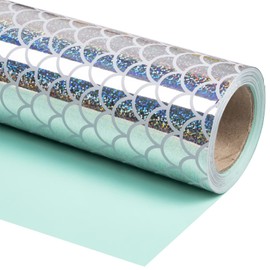 WRAPAHOLIC Reversible Wrapping Paper - Mini Roll - 17 Inch x 33 Feet - Scal with Colorful Foil and Solid Light Mint Design for Birthday, Baby Shower, Party, Holiday