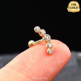 Melighting 9ct Sterling Silver Cartilage Internally Threaded Spiral CZ Labret Piercing 16g Flat Back Earrings Perforated Jewellery Tragus Yellow Gold, Yellow Gold