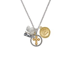Delight Jewelry Silvertone Shalom with Dove Two-tone Give Thanks to God Cross Pendant Necklace, 23"