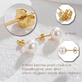 URTHEONE Pearl Earrings 8-9mm AAAAA+ Freshwater Studs for Women, 18K Gold Plated Sterling Silver, Hypoallergenic Gift