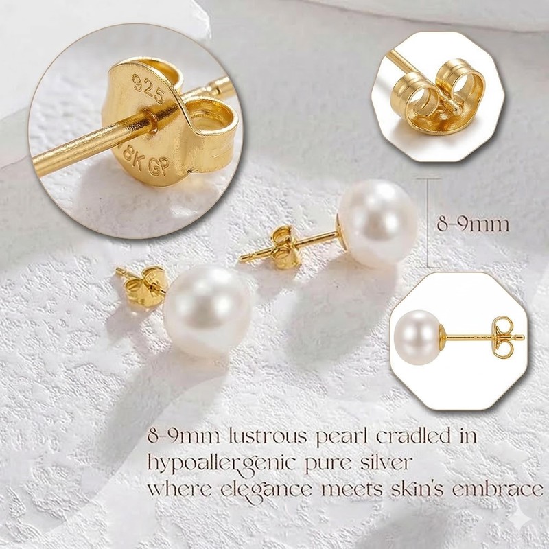 URTHEONE Pearl Earrings 8-9mm AAAAA+ Freshwater Studs for Women, 18K