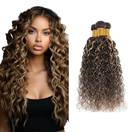 Biliisyff Highlight Curly Wave Bundles P4/613 Brown Human Hair Bundles with Blonde Highlights - Kinky Curly Brazilian Remy Hair - Two Tone Brown Mixed with Blonde - 20, 22, 24 Inch