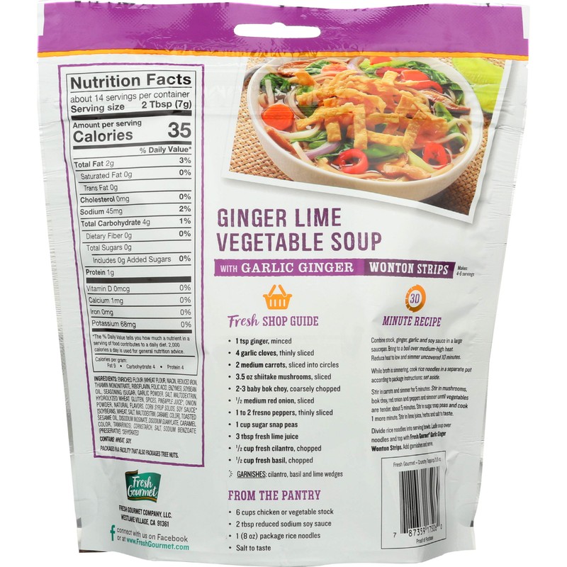Fresh Gourmet, Wonton Strip, Garlic Ginger, 3.5 Oz