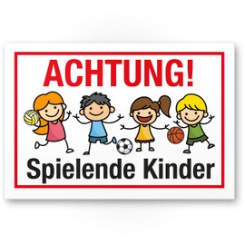 Komma Security Achtung Spielende Kinder Schild 30 x 20 cm Hinweisschild Warnzeichen Warnschild langsam fahren Warnung Hinweis Spielstraße Spielplatz - Vorsicht spielende Kinder