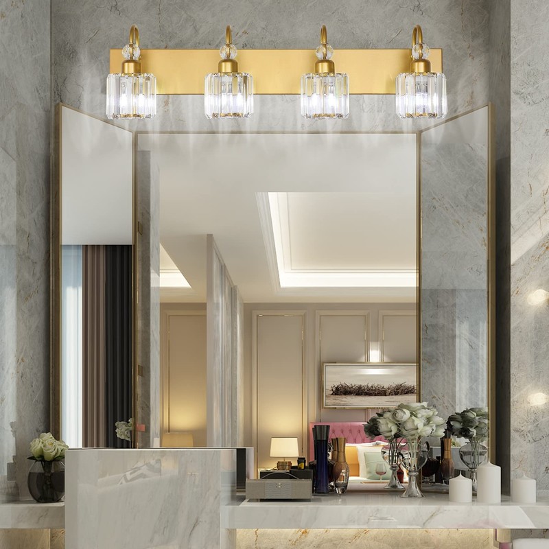 Ralbay Gold Vanity Lights 4-Lights Gold Crystal Bathroom Vanity Lights