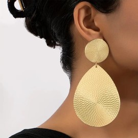 Cimenexe Punk Carved Disc Oval Dangle Earrings Gold Hammered Coin Stud Earrings Metal Textured Oval Drop Earrings Large Textured Geometric Earrings Jewellery for Women, Zinc, No Gemstone