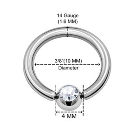 KJM Fashion Steel Ball Closure Ring 1.6 mm 14 g 10 mm 3/8 3 mm Crystal Ball Septum Nose Tragus Daith Earrings Eyebrow 1406 Pack of 3, Stainless Steel