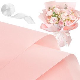 CLUEWR 20 Sheets Flower Wrapping Paper, Waterproof Floral Bouquet Wrap Paper with Ribbon Florist Supplies for DIY Crafts Packaging 22.8 x 22.8 Inches (Pink)