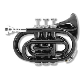 WUQIMUSC Brass Pocket Trumpet Bb Key Nickel Plated with Mouthpiece 7C, Cleaning Kit, Carrying Case, Gloves for Beginners/Students (Black)