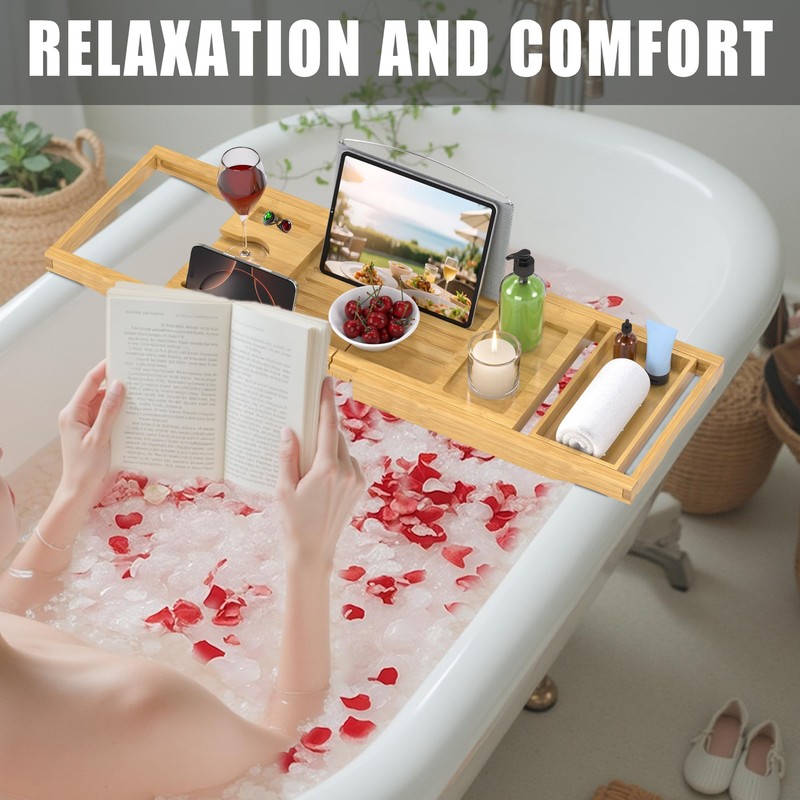 Foldable Bathtub Caddy Tray for Tub,Bamboo Expandable Bath Table Trays,Premium